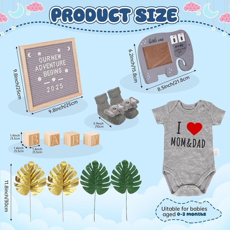 OFUSUY 10 Pcs Pregnancy Announcement Set, Elephant Pregnancy Reveal Ideas Include Felt Letter Board Sonogram Picture Frame Bodysuit Sock Baby Sign and Monstera Leaf for Coming Soon Baby Announcement - Image 2